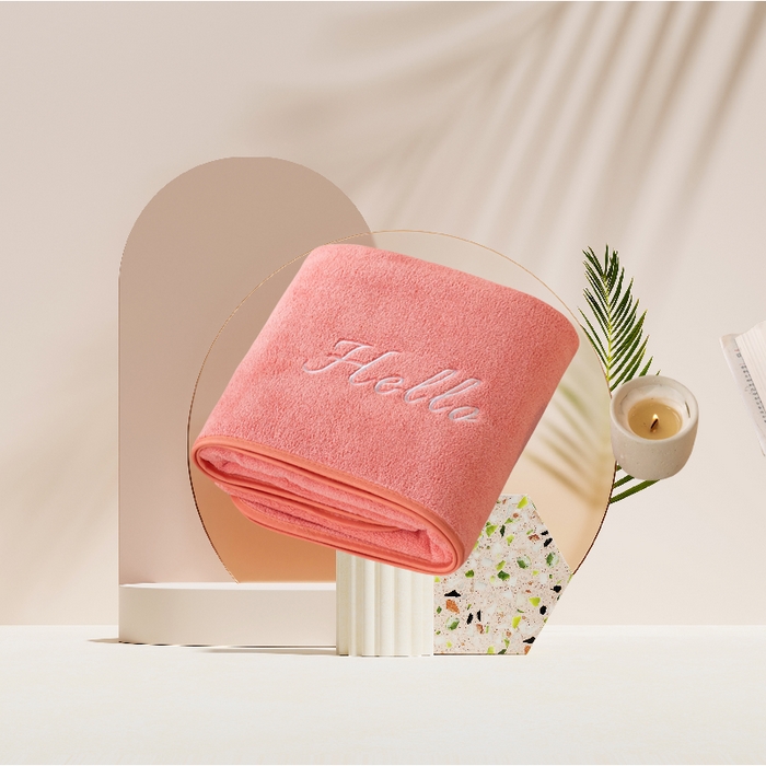 91家纺网 家纺一手货源 找家纺 彩虹毛巾2025新款Hello珊瑚绒毛巾浴巾两件套跨境加厚吸水毛巾浴巾套装 70*140cm浴巾一条-粉色