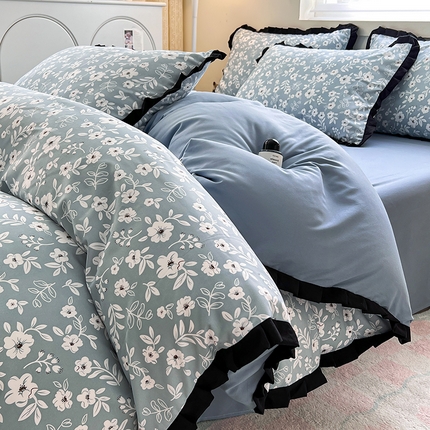 91家纺网 家纺一手货源 找家纺 （总）曼璐家纺 2025新款有氧水洗棉赫本风法式黑色花边单被套