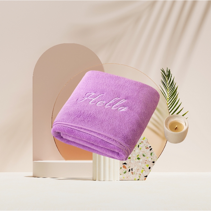 91家纺网 家纺一手货源 找家纺 彩虹毛巾2025新款Hello珊瑚绒毛巾浴巾两件套跨境加厚吸水毛巾浴巾套装 70*140cm浴巾一条-紫色