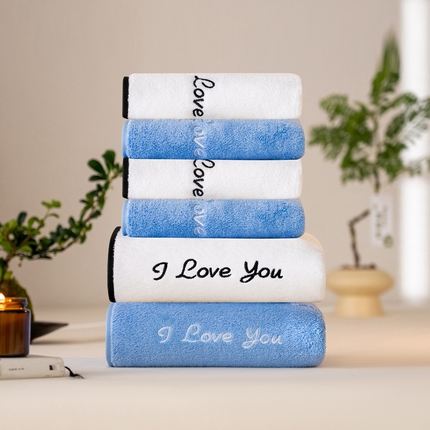 彩虹毛巾2025新款I Love you珊瑚绒毛巾浴巾套装网红情侣浴室加厚毛巾浴巾两件套 【蓝+白】浴巾各1条+毛巾各2条