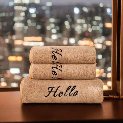 彩虹毛巾2025新款Hello珊瑚绒毛巾浴巾两件套跨境加厚吸水毛巾浴巾套装 1条浴巾+2条毛巾-咖色