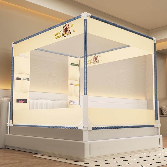 91家纺网 家纺一手货源 找家纺 无瑕家居 2025新款高级围栏家用卧室加粗儿童防止掉床超大空间免安装坐床蚊帐围栏款蚊帐储物围栏蚊帐系列 卡皮巴拉黄