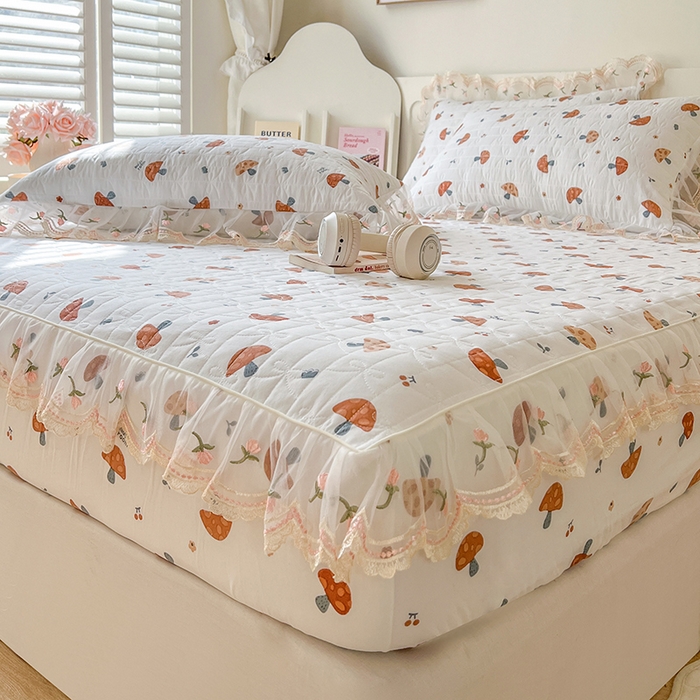 91家纺网 家纺一手货源 找家纺 麒豆豆 2025新款水洗棉印花床笠三件套 蘑菇乐园