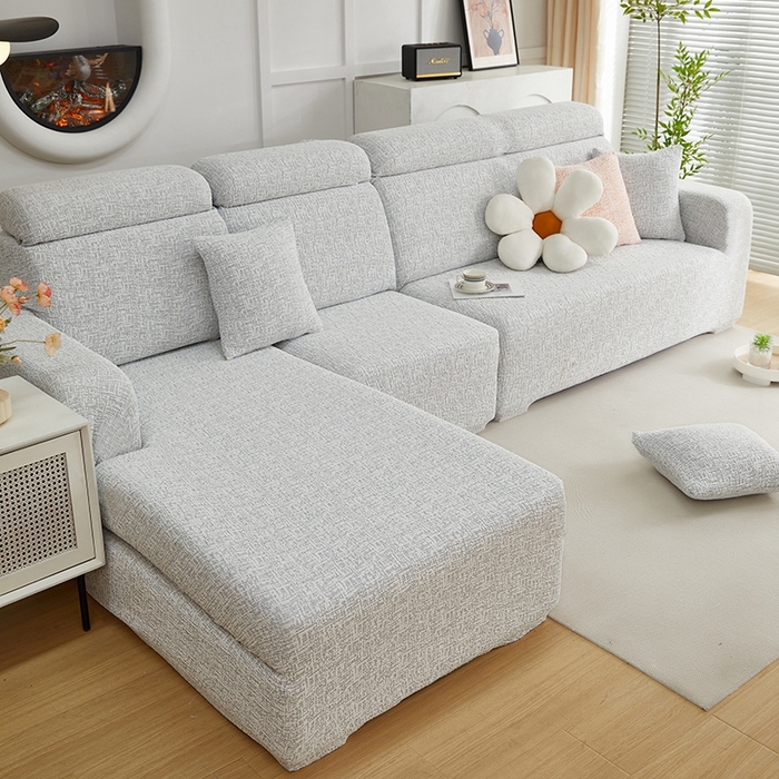 91家纺网 家纺一手货源 找家纺 丝绮鹿 2025新款竹节雪尼尔沙发套松紧款（贵妃图） 月光浅灰