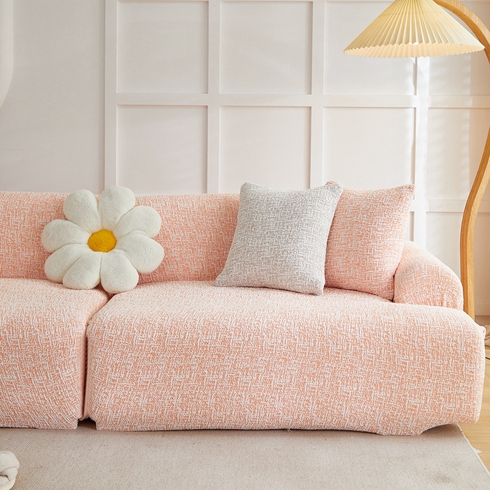 91家纺网 家纺一手货源 找家纺 丝绮鹿 2025新款竹节雪尼尔沙发套松紧款（大三人图）  奶油橘