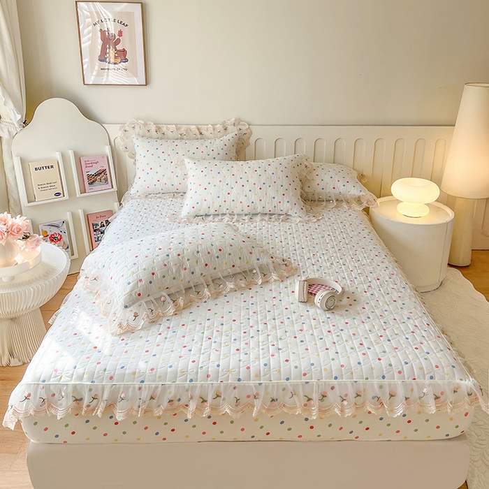 91家纺网 家纺一手货源 找家纺 麒豆豆 2025新款水洗棉印花床笠三件套 奶油波点