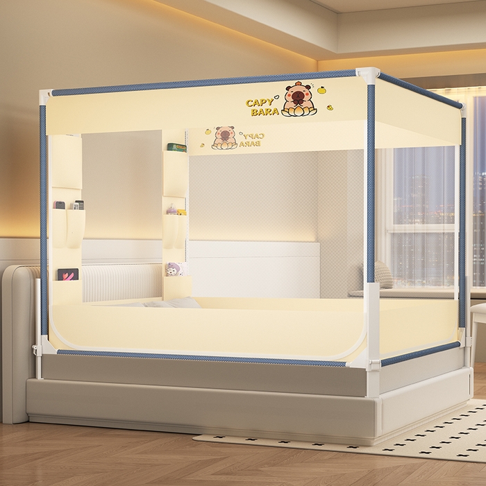 91家纺网 家纺一手货源 找家纺 无瑕家居 2025新款高级围栏家用卧室加粗儿童防止掉床超大空间免安装坐床蚊帐围栏款蚊帐储物围栏蚊帐系列 卡皮巴拉黄