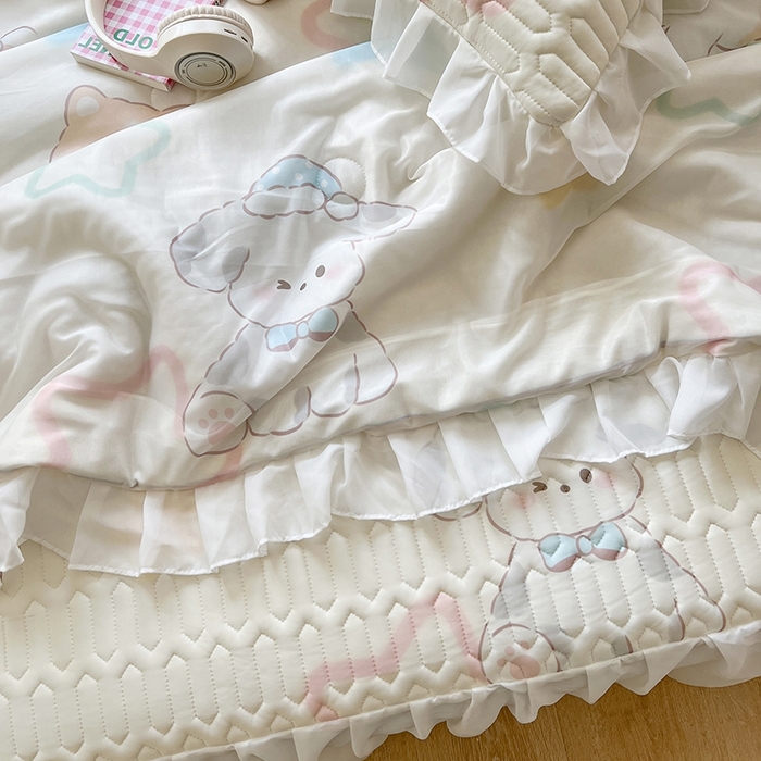 91家纺网 家纺一手货源 找家纺 慕澄2025新款小清新印花凉感丝花床裙款乳胶凉席 夏日幸福