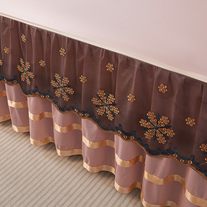 91家纺网 家纺一手货源 找家纺 情恒家纺 2025新款纯色可拆卸PE海洋丝床裙席三件套 密语粉