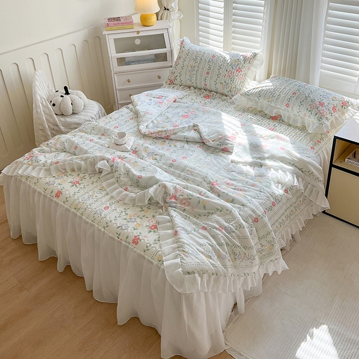 91家纺网 家纺一手货源 找家纺 慕澄2025新款小版印花床裙款乳胶凉席凉感丝夏被四件套 春季花花