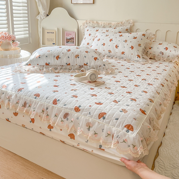 91家纺网 家纺一手货源 找家纺 麒豆豆 2025新款水洗棉印花床笠三件套 蘑菇乐园