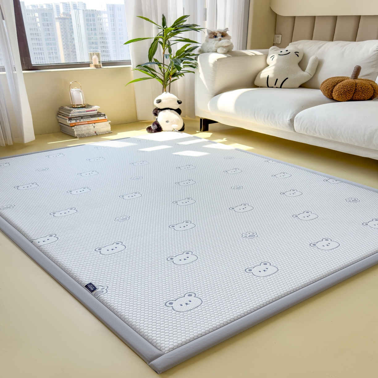 91家纺网 家纺一手货源 找家纺 席世家 2025新款凉感豆豆多功能垫 小熊-蓝