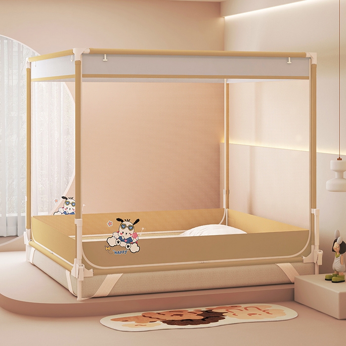 91家纺网 家纺一手货源 找家纺 （总）迪凡保罗蚊帐 2025新款2510小奶狗烫画围栏级防摔外穿杆坐床蚊帐