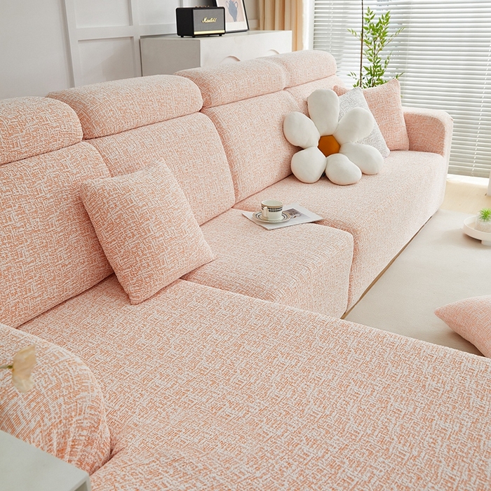91家纺网 家纺一手货源 找家纺 丝绮鹿 2025新款竹节雪尼尔沙发套松紧款（贵妃图） 奶油橘