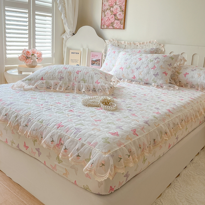 91家纺网 家纺一手货源 找家纺 麒豆豆 2025新款水洗棉印花床笠三件套 蝶之舞