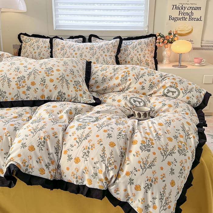 91家纺网 家纺一手货源 找家纺 曼璐家纺 2025新款有氧水洗棉赫本风法式黑色花边四件套 假日-橘