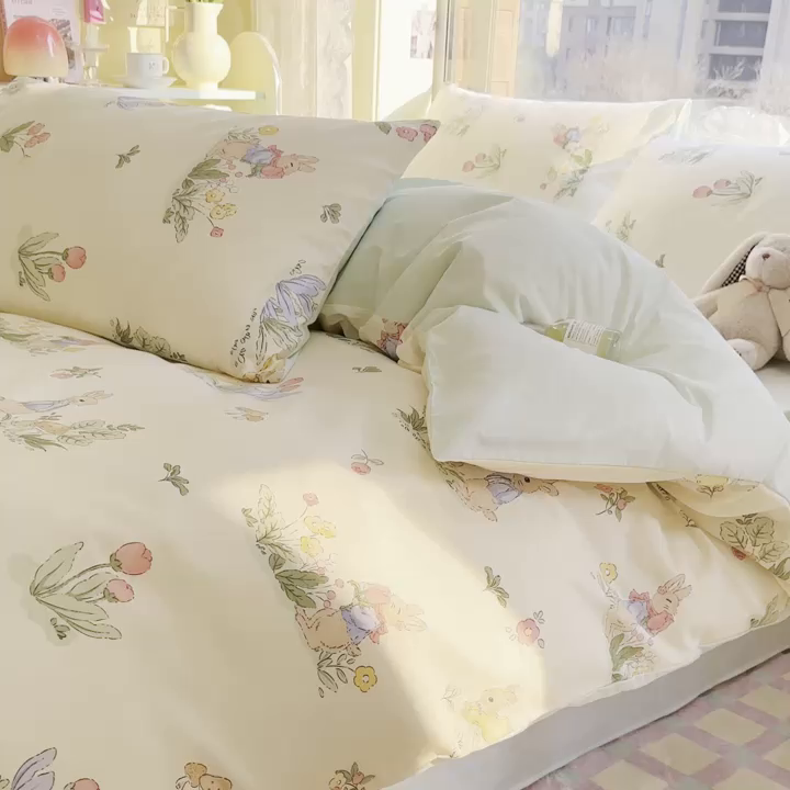 91家纺网 家纺一手货源 找家纺 琪格格 2025春夏新款全棉纯棉40S13372小清新四件套 逃家小兔