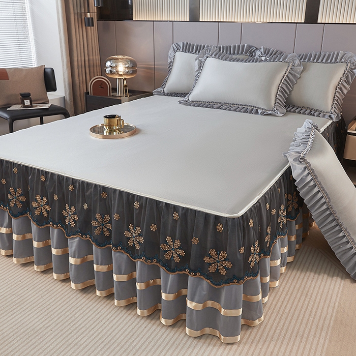 91家纺网 家纺一手货源 找家纺 情恒家纺 2025新款纯色可拆卸PE海洋丝床裙席三件套 绅士灰