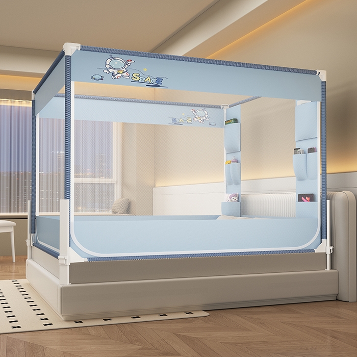 91家纺网 家纺一手货源 找家纺 无瑕家居 2025新款高级围栏家用卧室加粗儿童防止掉床超大空间免安装坐床蚊帐围栏款蚊帐储物围栏蚊帐系列 小小宇航员