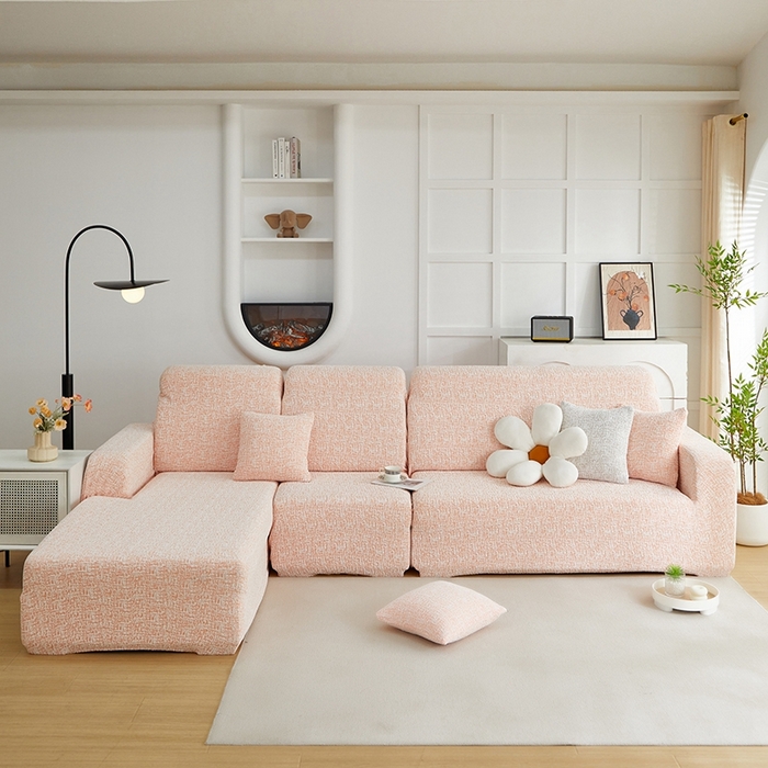 91家纺网 家纺一手货源 找家纺 丝绮鹿 2025新款竹节雪尼尔沙发套松紧款（贵妃图） 奶油橘