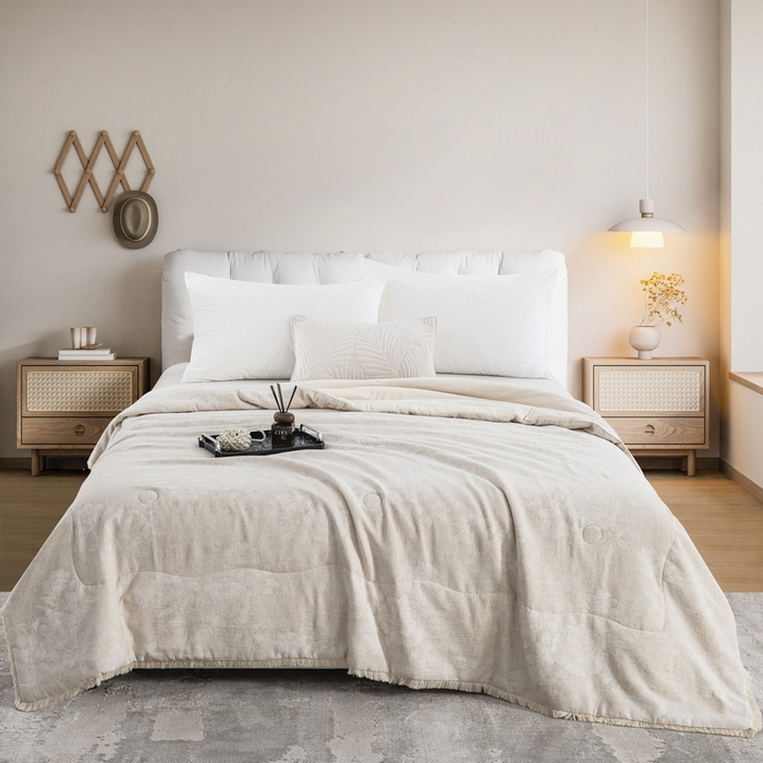 91家纺网 家纺一手货源 找家纺 鲁爱家纺供货 2025新款AB版棉麻流苏款夏被 醉清风