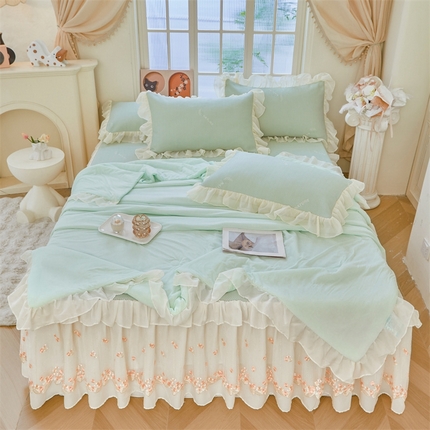 91家纺网 家纺一手货源 找家纺 锦格2025年新款A类冰感凉豆豆床裙席夏被四件套 素夏-青果绿