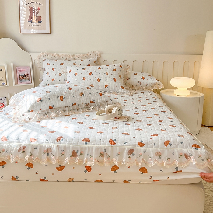 91家纺网 家纺一手货源 找家纺 麒豆豆 2025新款水洗棉印花床笠三件套 蘑菇乐园