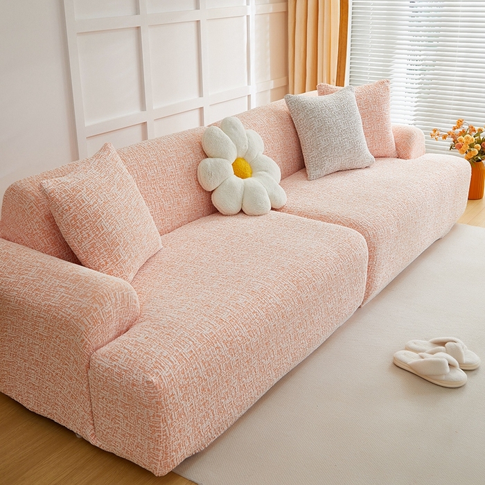 91家纺网 家纺一手货源 找家纺 丝绮鹿 2025新款竹节雪尼尔沙发套松紧款（大三人图）  奶油橘