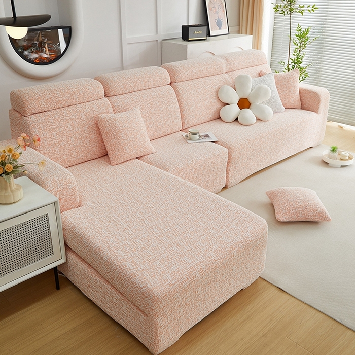 91家纺网 家纺一手货源 找家纺 丝绮鹿 2025新款竹节雪尼尔沙发套松紧款（贵妃图） 奶油橘