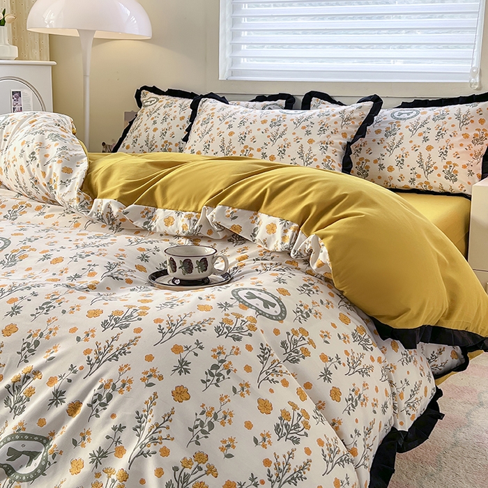 91家纺网 家纺一手货源 找家纺 曼璐家纺 2025新款有氧水洗棉赫本风法式黑色花边四件套 假日-橘