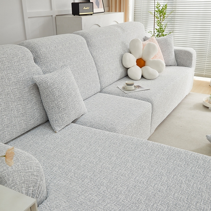 91家纺网 家纺一手货源 找家纺 丝绮鹿 2025新款竹节雪尼尔沙发套松紧款（贵妃图） 月光浅灰