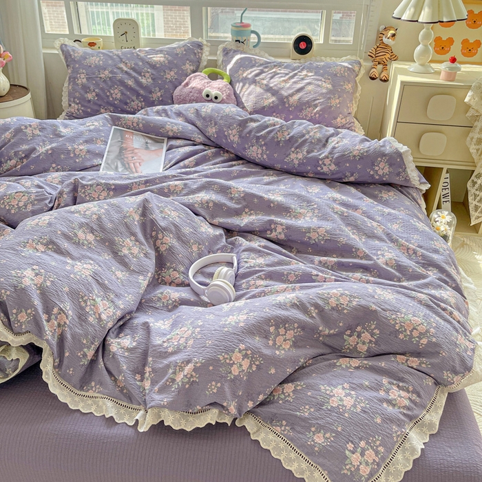 91家纺网 家纺一手货源 找家纺 2025新款云感木棉皱皱双层纱全棉花边四件套 豆蔻