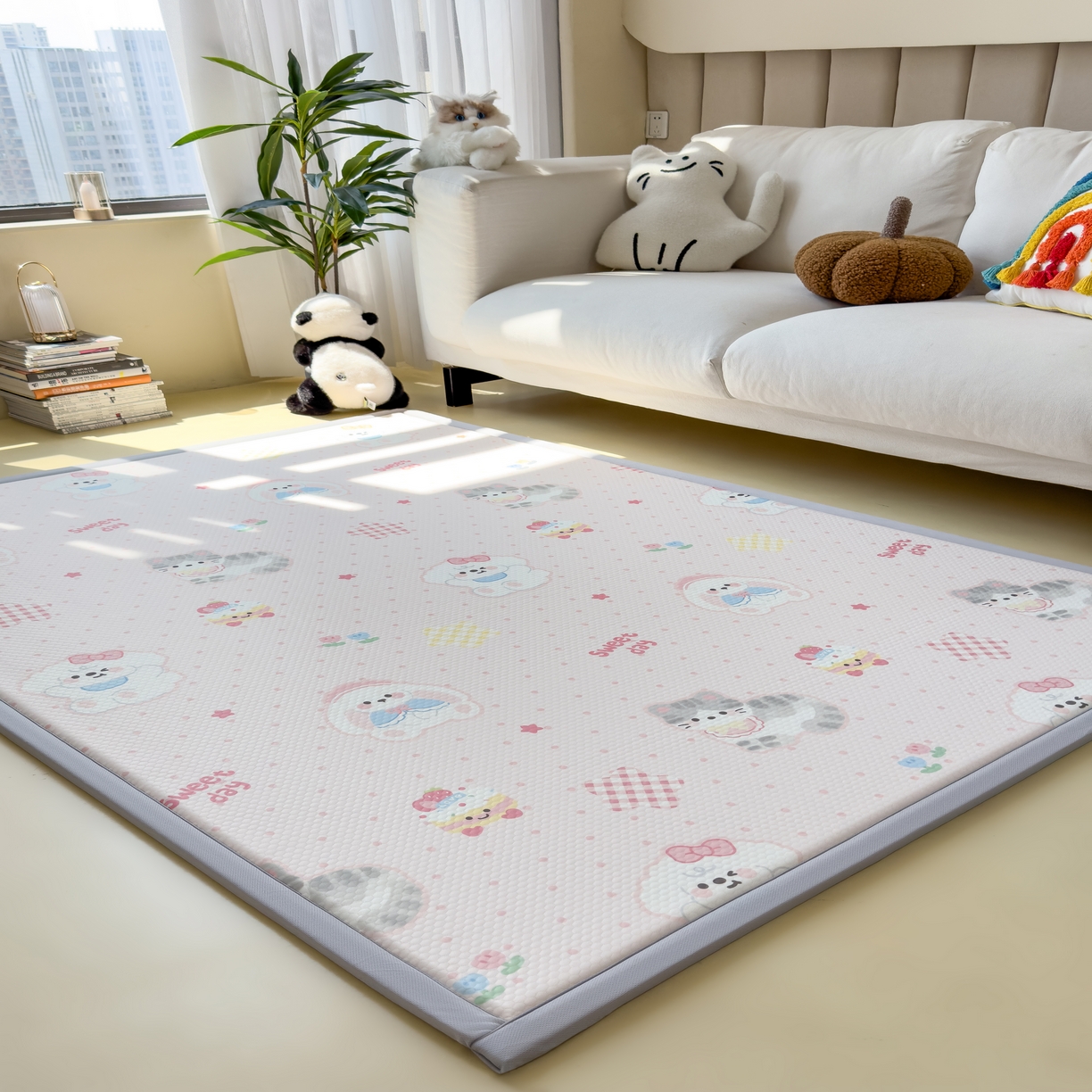 91家纺网 家纺一手货源 找家纺 席世家 2025新款印花豆豆多功能垫 粉色乐园