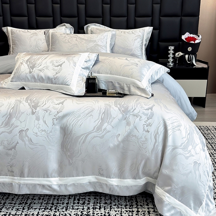 91家纺网 家纺一手货源 找家纺 2025新品床上用品高端A类100支天丝棉贡缎提花四件套全棉纯棉长绒棉夏季轻奢真丝全工艺 南溪-银衫灰