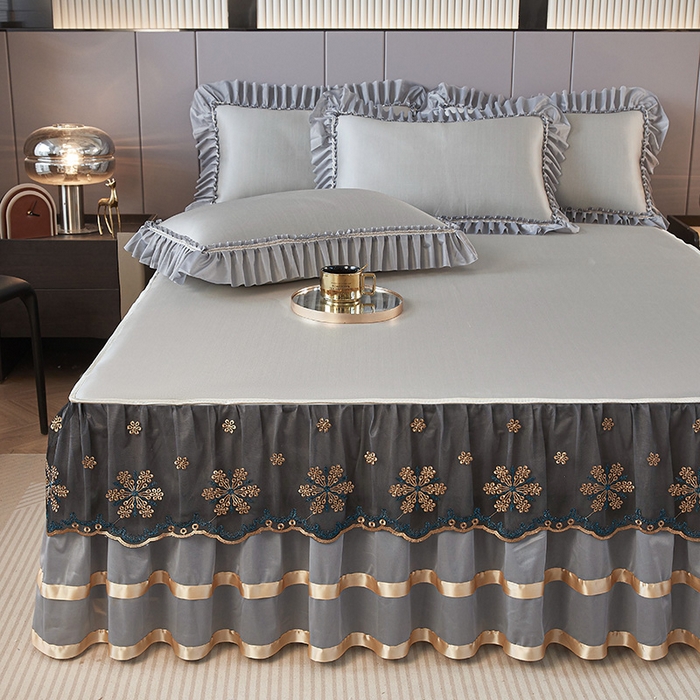 91家纺网 家纺一手货源 找家纺 情恒家纺 2025新款纯色可拆卸PE海洋丝床裙席三件套 绅士灰