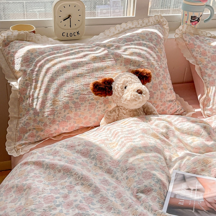 91家纺网 家纺一手货源 找家纺 （总）2025新款云感木棉皱皱双层纱全棉花边四件套