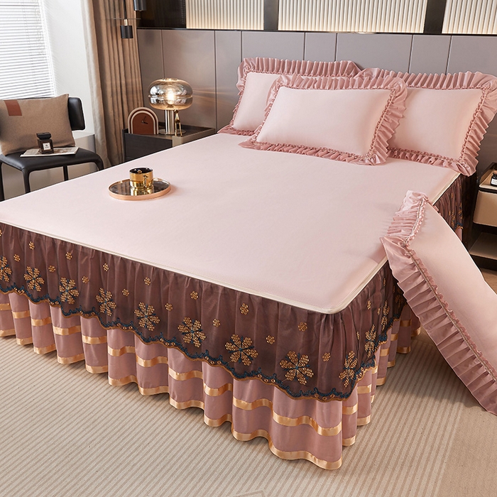 91家纺网 家纺一手货源 找家纺 情恒家纺 2025新款纯色可拆卸PE海洋丝床裙席三件套 密语粉