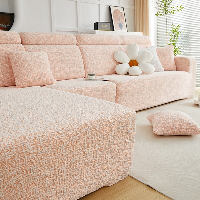 91家纺网 家纺一手货源 找家纺 丝绮鹿 2025新款竹节雪尼尔沙发套松紧款（贵妃图） 奶油橘