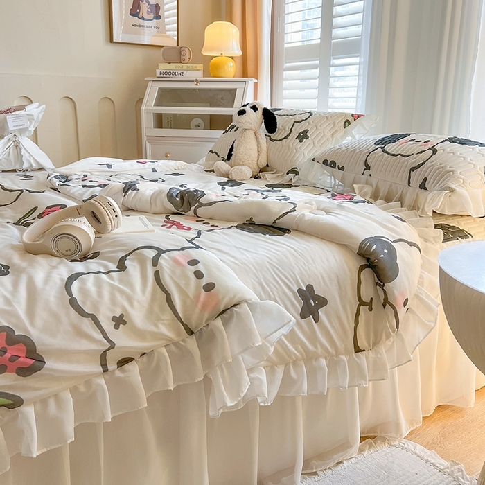 91家纺网 家纺一手货源 找家纺 慕澄2025新款小版印花床裙款乳胶凉席凉感丝夏被四件套 快乐小狗