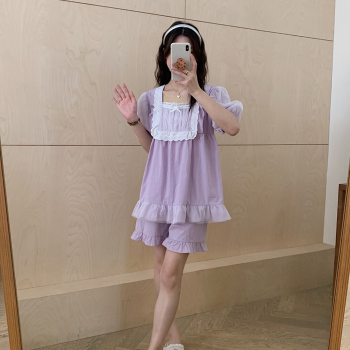 91家纺网 家纺一手货源 找家纺 2025新款韩系蕾丝花边方领套装-82967 香芋紫