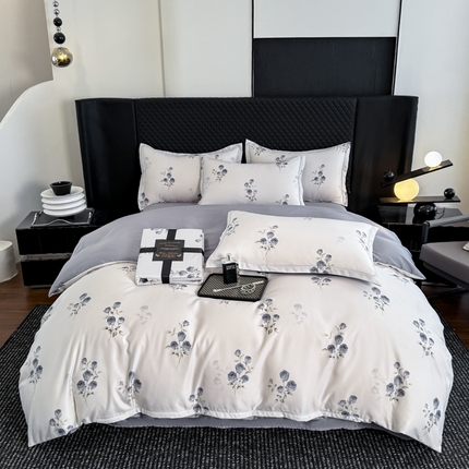 91家纺网 家纺一手货源 找家纺 晚爱家居  2025轻奢水洗天丝印花水洗真丝四件套（硬包丝带款） 可可灰