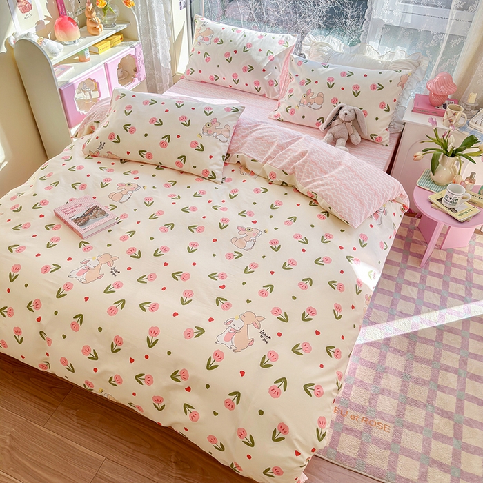 91家纺网 家纺一手货源 找家纺 琪格格 2025春夏新款全棉纯棉40S13372小清新四件套 小粉兔