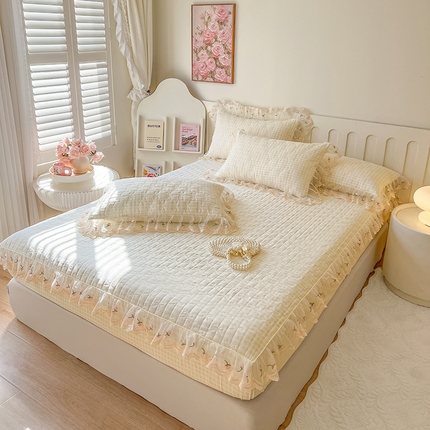 麒豆豆 2025新款水洗棉印花床笠三件套 奶油格格