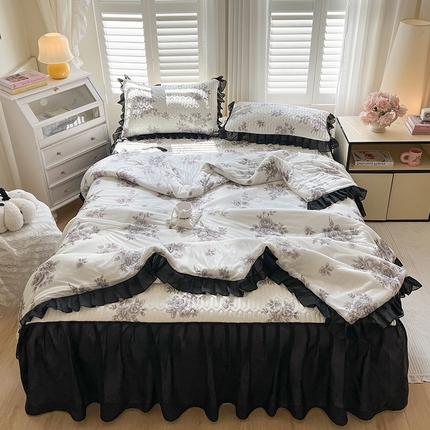 91家纺网 家纺一手货源 找家纺 慕澄2025新款小版印花床裙款乳胶凉席凉感丝夏被四件套 素描花