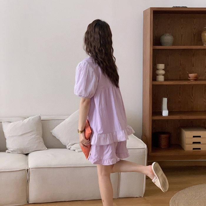 91家纺网 家纺一手货源 找家纺 2025新款韩系蕾丝花边方领套装-82967 香芋紫