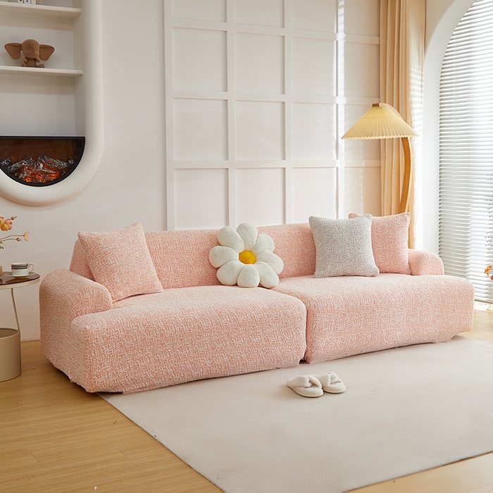 91家纺网 家纺一手货源 找家纺 丝绮鹿 2025新款竹节雪尼尔沙发套松紧款（大三人图）  奶油橘