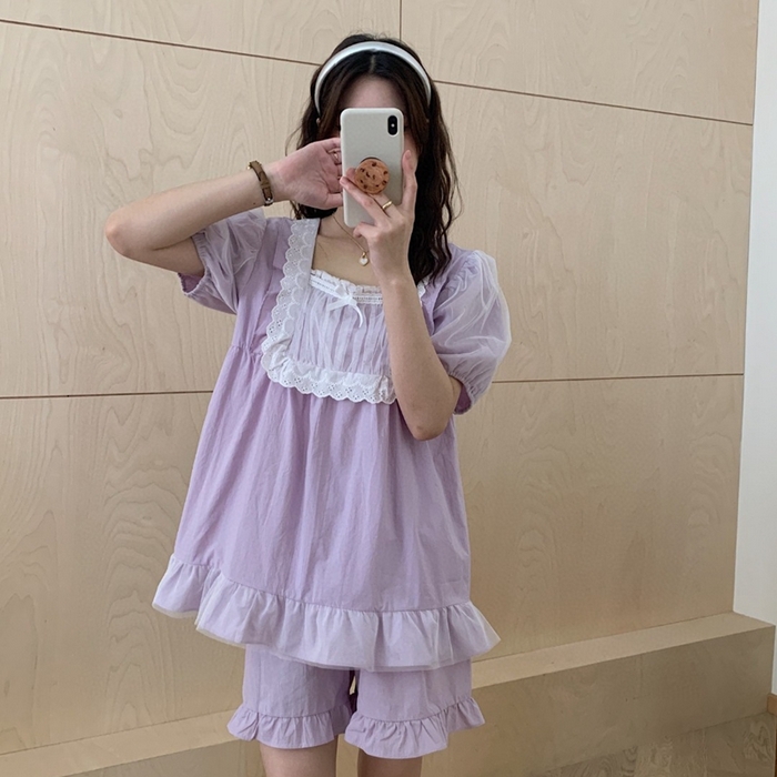 91家纺网 家纺一手货源 找家纺 2025新款韩系蕾丝花边方领套装-82967 香芋紫