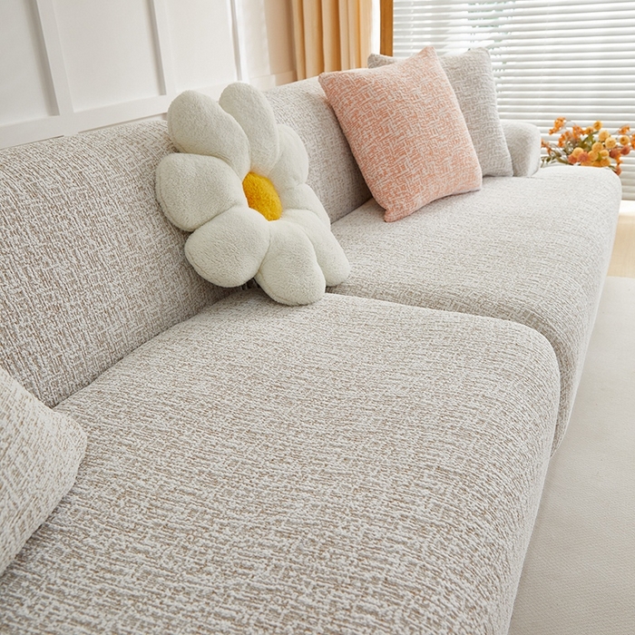 91家纺网 家纺一手货源 找家纺 丝绮鹿 2025新款竹节雪尼尔沙发套松紧款（大三人图）  温柔咖