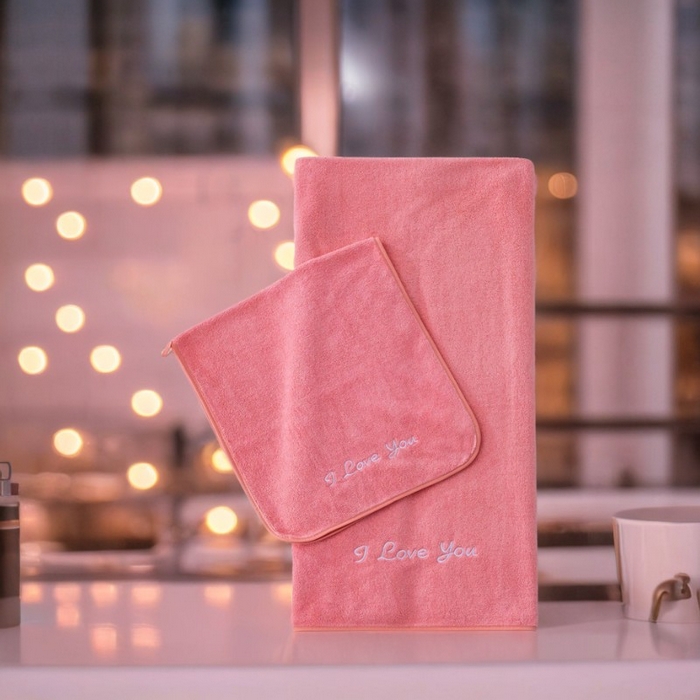 91家纺网 家纺一手货源 找家纺 彩虹毛巾2025新款Hello珊瑚绒毛巾浴巾两件套跨境加厚吸水毛巾浴巾套装 1条浴巾+1条毛巾-粉色