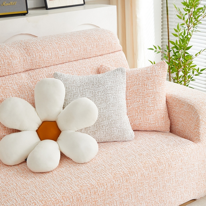 91家纺网 家纺一手货源 找家纺 丝绮鹿 2025新款竹节雪尼尔沙发套松紧款（贵妃图） 奶油橘